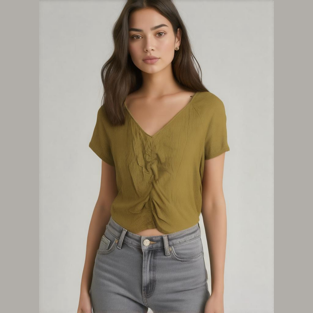 Madewell Knit Lightspun Olive Ruched-Front Crop Top Size L